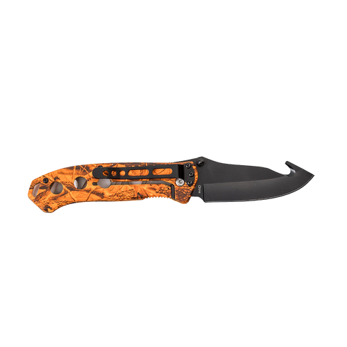 Compact pocket knife featuring an anodized black blade with gut hook and a camo-patterned orange handle, perfect for camping, hunting, and farm tool use.