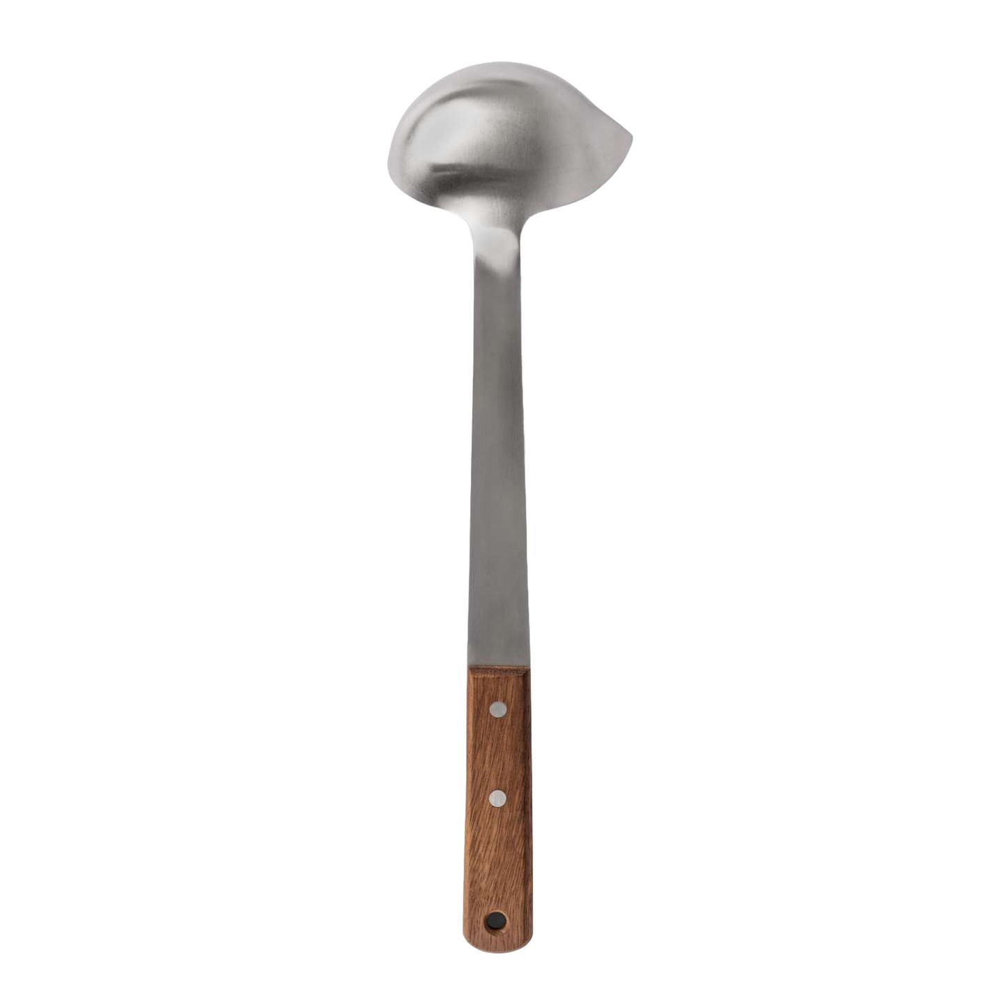 Handcrafted stainless steel soup ladle with a wooden handle, designed for generous scoops and easy serving in camping, farm, kitchen, and food collections.