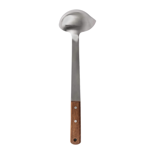 Handcrafted stainless steel soup ladle with a wooden handle, designed for generous scoops and easy serving in camping, farm, kitchen, and food collections.