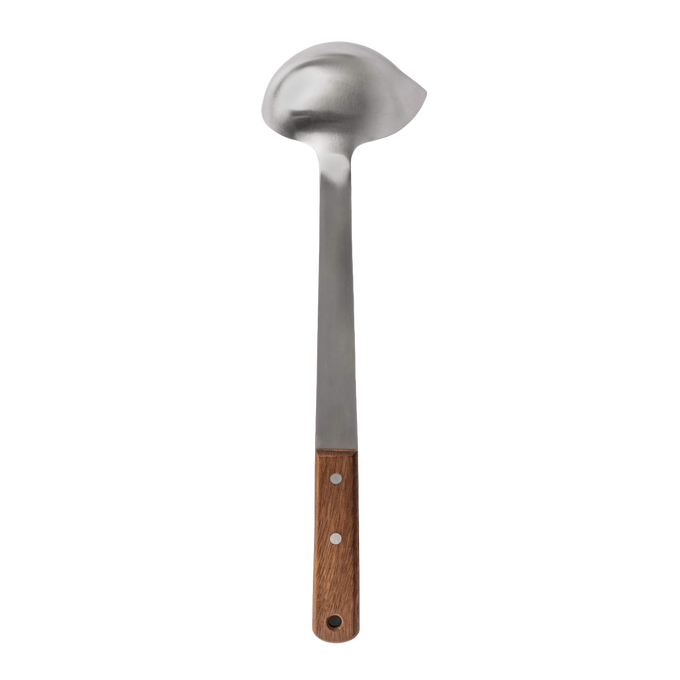Handcrafted stainless steel soup ladle with a wooden handle, designed for generous scoops and easy serving in camping, farm, kitchen, and food collections.