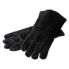 Pair of black leather gloves with deep cuffs, fully lined for heat protection, designed for cooking and handling hot cookware, featured in Kitchen & Food, Camping, and Clothing collections.