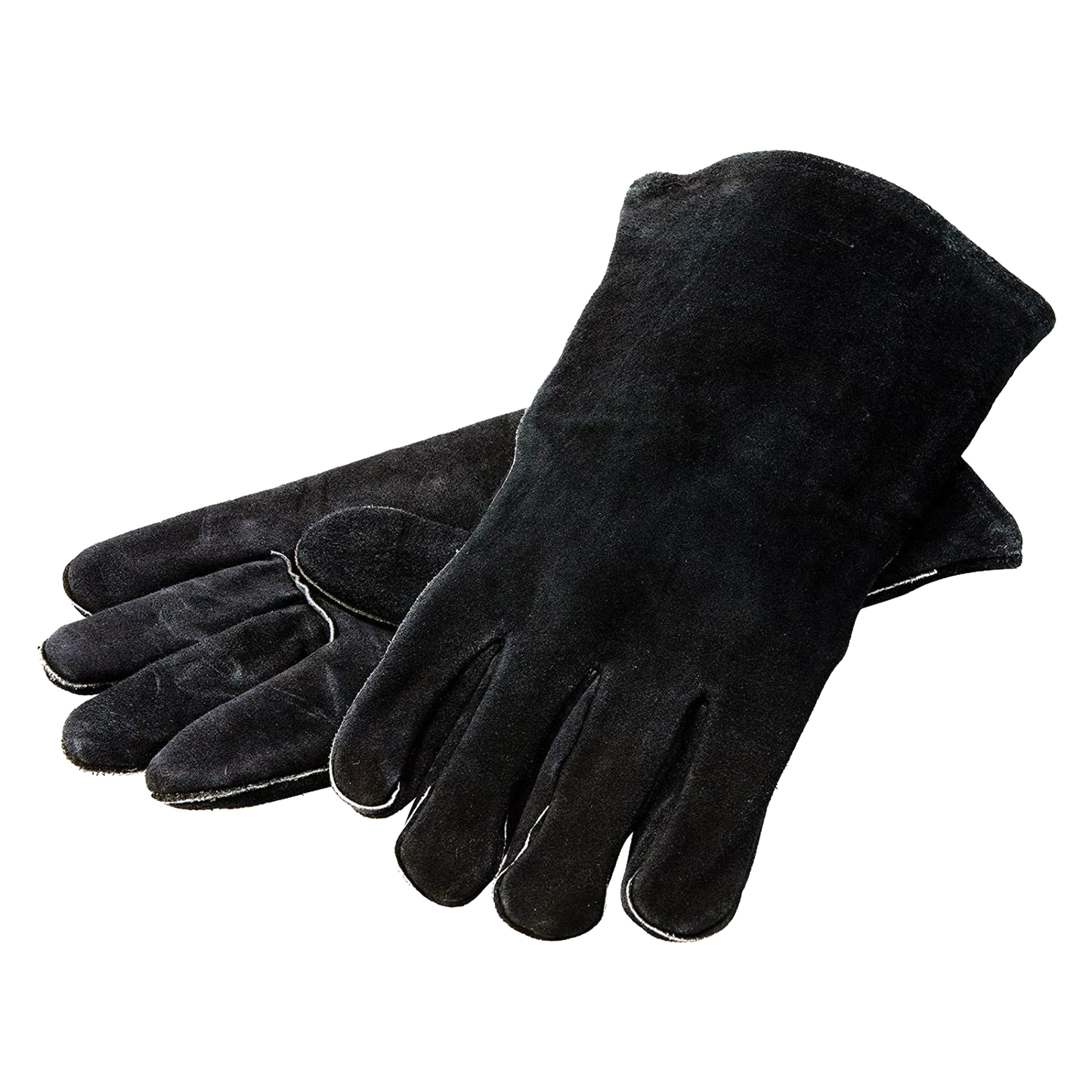 Pair of black leather gloves with deep cuffs, fully lined for heat protection, designed for cooking and handling hot cookware, featured in Kitchen & Food, Camping, and Clothing collections.