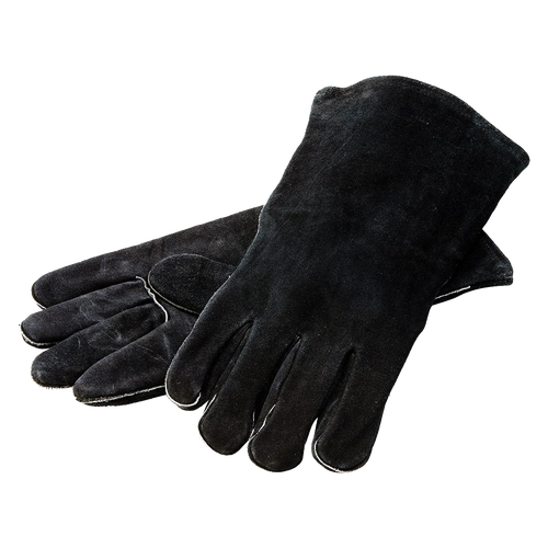 Pair of black leather gloves with deep cuffs, fully lined for heat protection, designed for cooking and handling hot cookware, featured in Kitchen & Food, Camping, and Clothing collections.