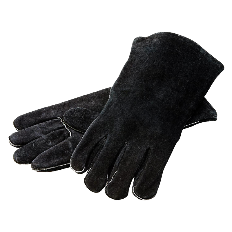 Pair of black leather gloves with deep cuffs, fully lined for heat protection, designed for cooking and handling hot cookware, featured in Kitchen & Food, Camping, and Clothing collections.
