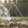 Steel adjustable trammel hook mounted on a tripod suspending a cast iron pot over an open campfire in a forest setting, featured in Farm, Garden & Tool, Camping, Best Sellers, and Promo Eligible collections.