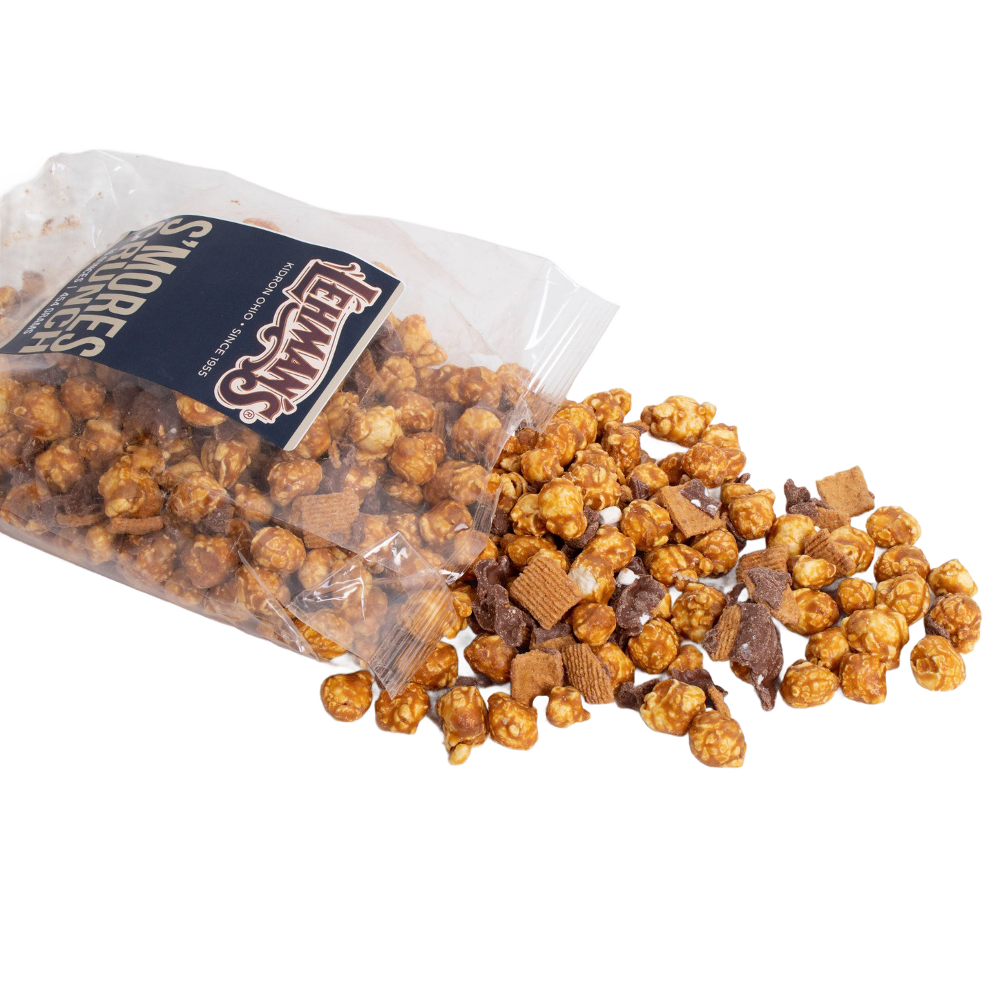 Clear bag of handcrafted caramel popcorn mixed with chocolate and graham cracker crunch pieces, a unique sweet and crunchy snack made in USA, ideal for Kitchen & Food, Snacks and Sweets, Popcorn, USA Made, Best Sellers, and Promo Eligible collections.