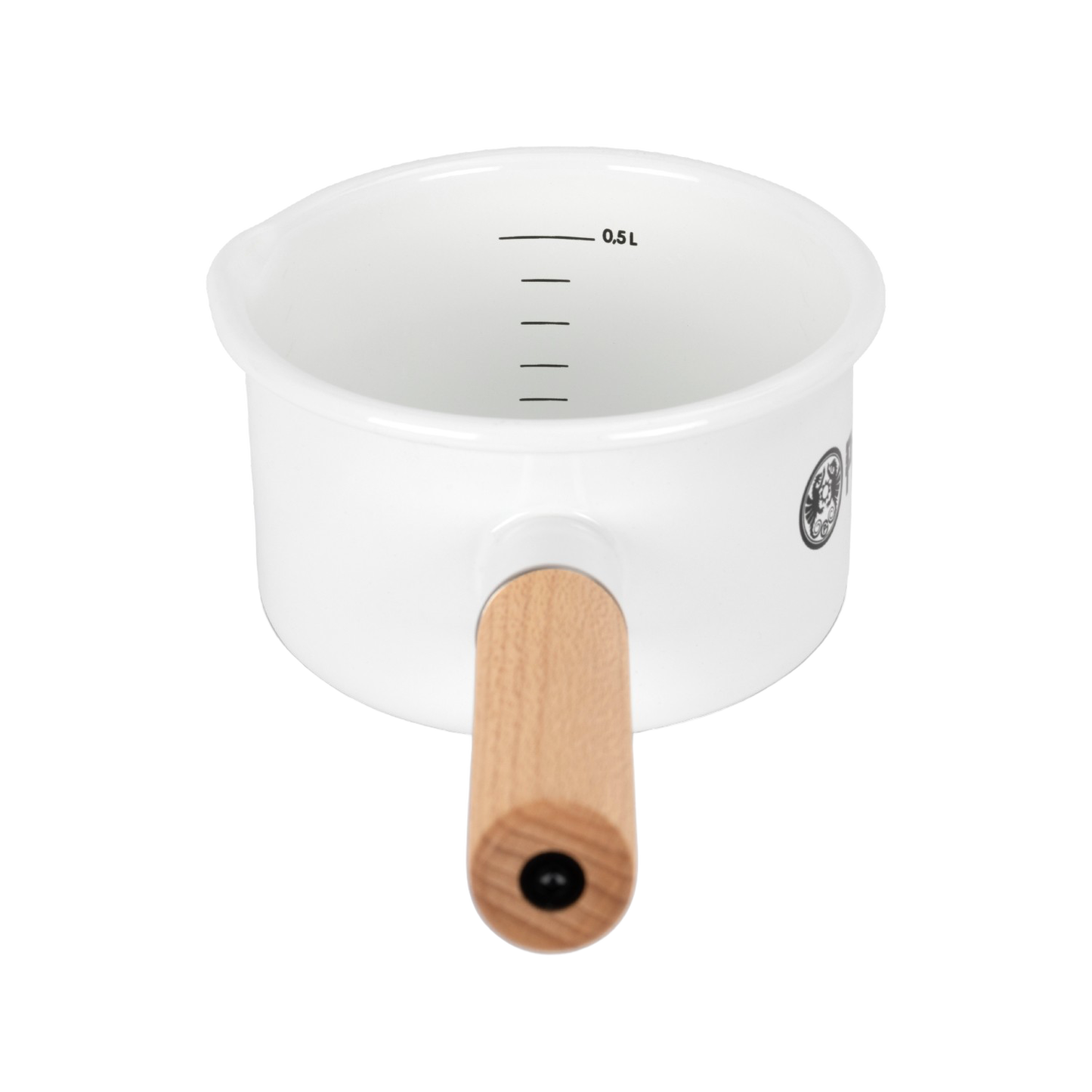 White enamel pan with a wooden handle and interior liter measurement marks, designed for precise outdoor cooking in Camping, Kitchen & Food, Farm, Garden & Tool, Cookware, Pots and Pans, Best Sellers, and Promo Eligible collections.