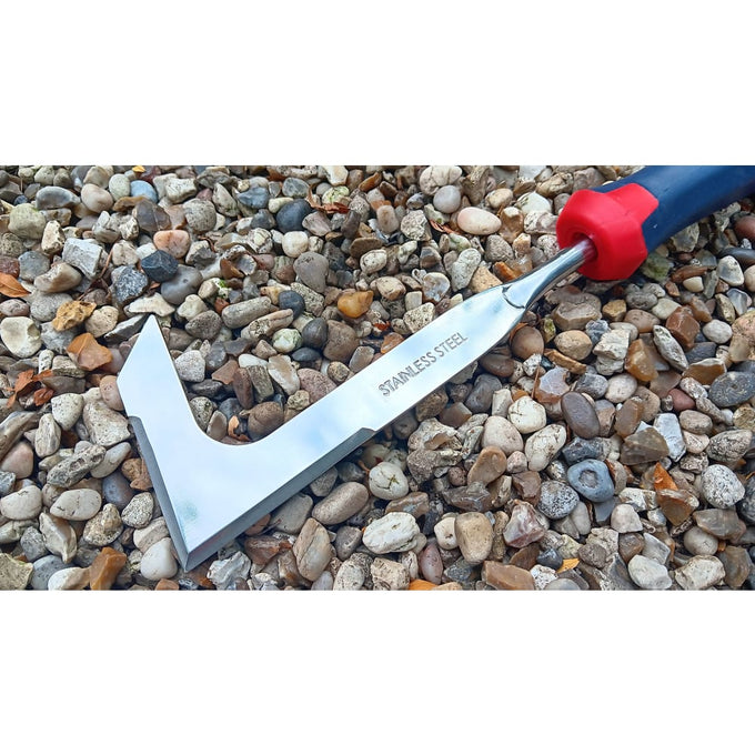 Slim stainless steel patio knife with an angled blade and bi-material contoured handle, designed for removing moss between pavers; included in Farm, Garden & Tool, Garden Accessories, Lawncare, and Best Sellers collections.