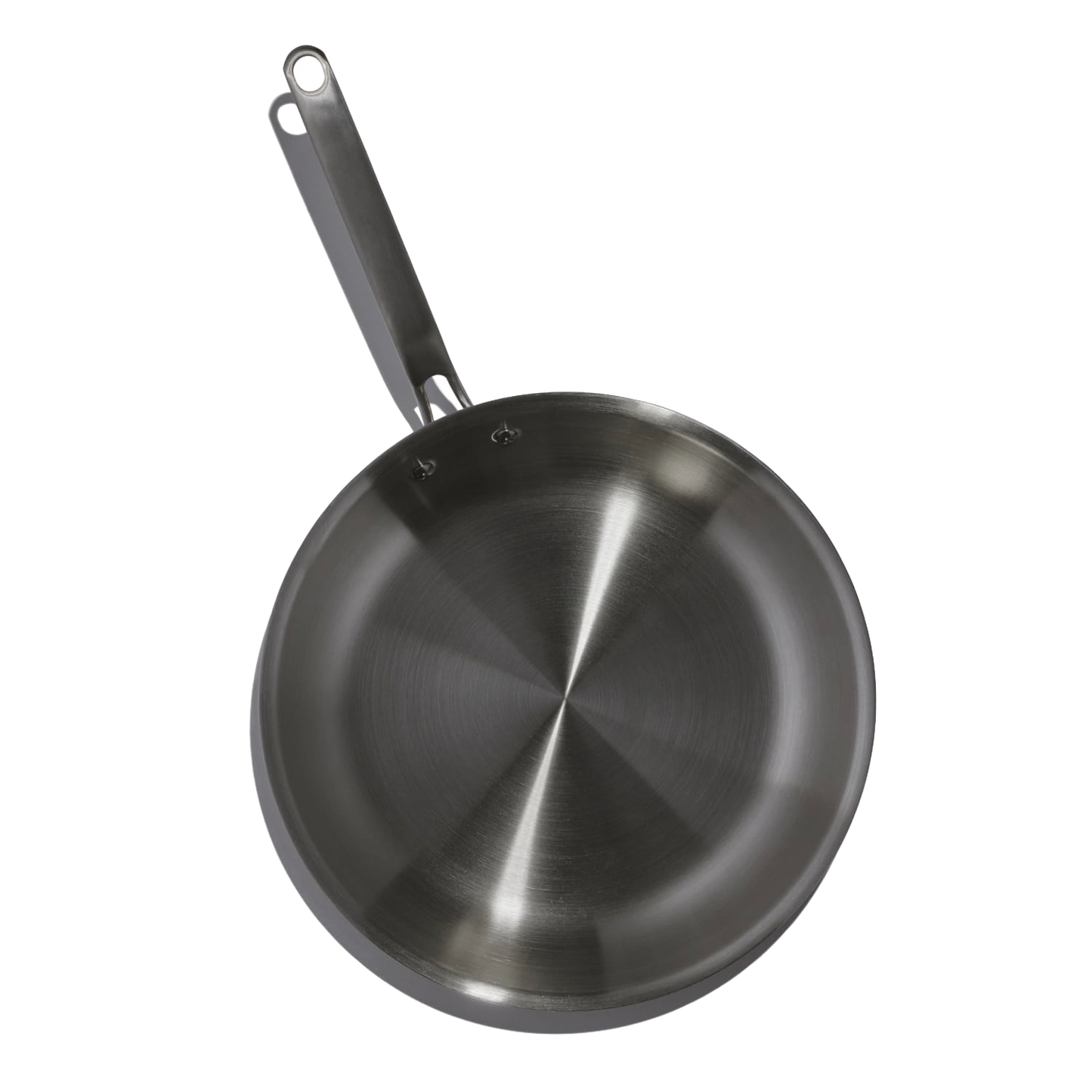 Top-down view of a handcrafted fully clad stainless steel fry pan with a long handle, designed for even heating and durability, featured in Kitchen & Food, Cookware, Pots and Pans, Best Sellers, and Promo Eligible collections.