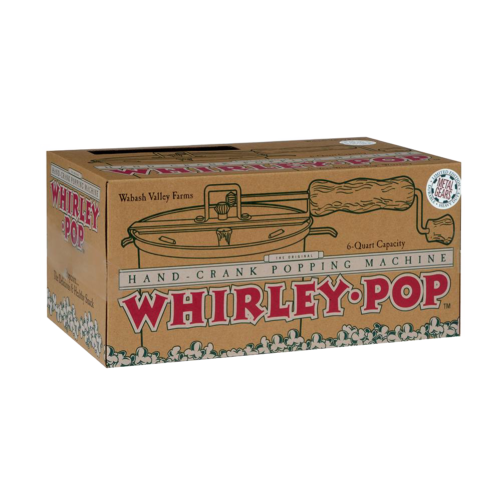 Cardboard packaging box for a hand-crank popcorn popper featuring a drawing of the popper with wooden handle and metal gears, designed for Kitchen & Food and Cookware collections.