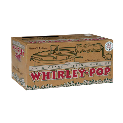 Cardboard packaging box for a hand-crank popcorn popper featuring a drawing of the popper with wooden handle and metal gears, designed for Kitchen & Food and Cookware collections.