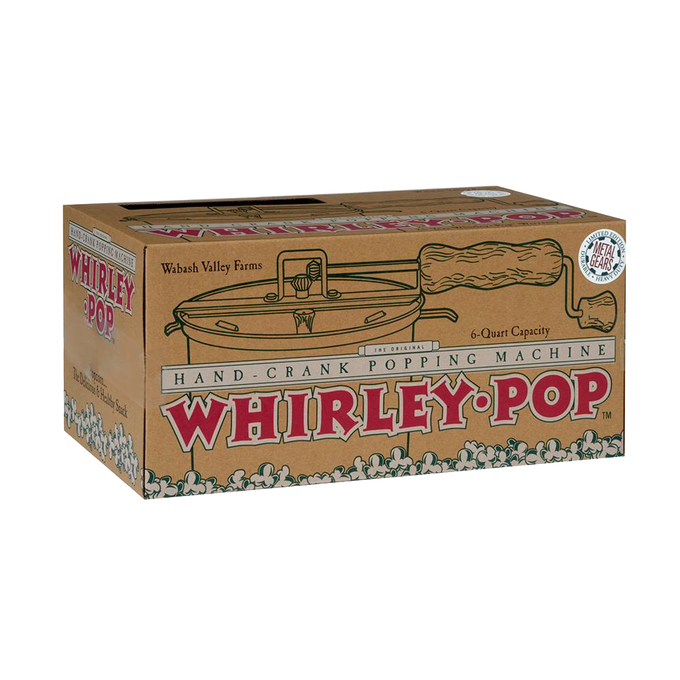 Cardboard packaging box for a hand-crank popcorn popper featuring a drawing of the popper with wooden handle and metal gears, designed for Kitchen & Food and Cookware collections.