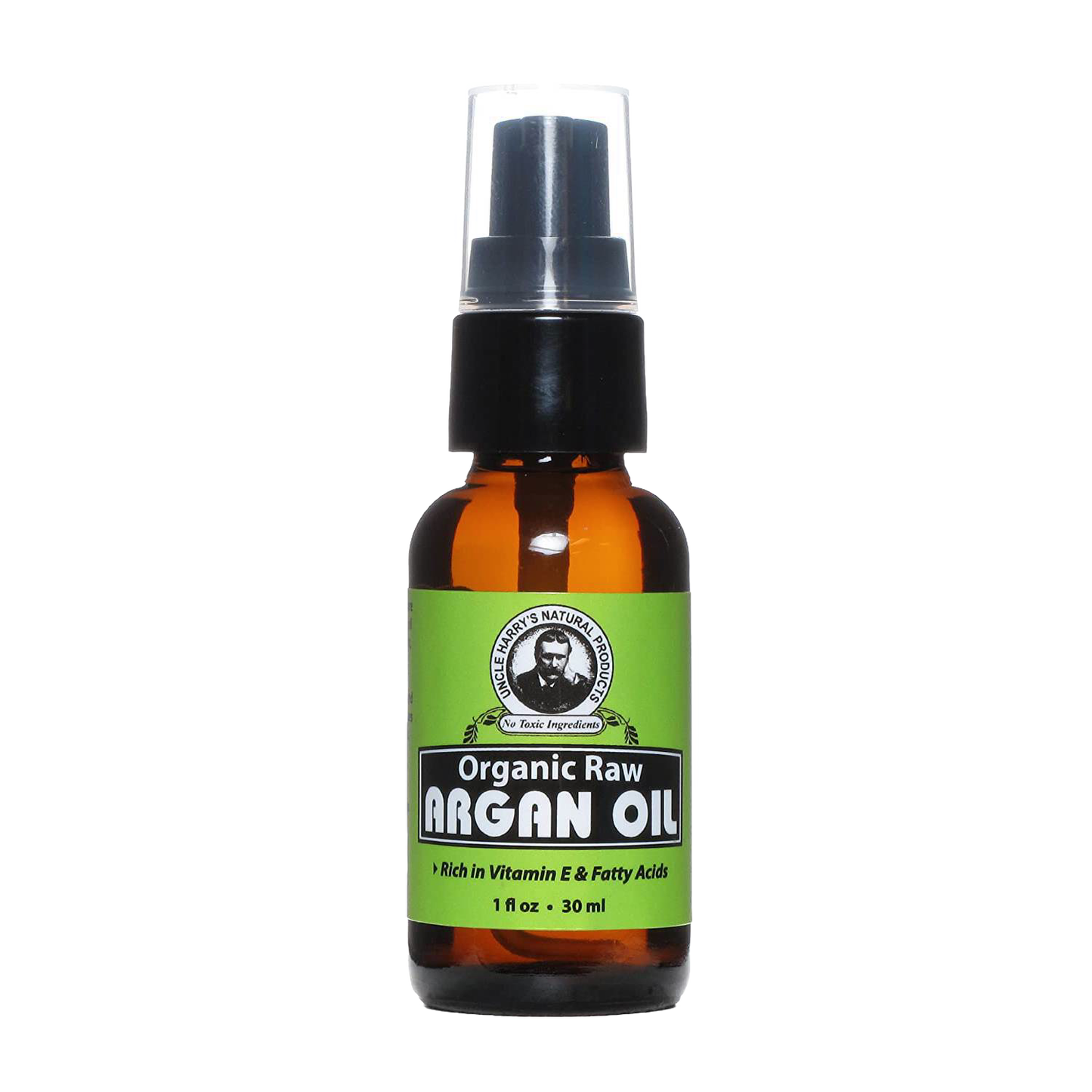 Handcrafted amber glass bottle of organic raw argan oil with black pump and clear cap, rich in vitamin E and fatty acids, part of Health & Wellness, Grooming and Personal Hygiene, USA Made, and Best Sellers collections.