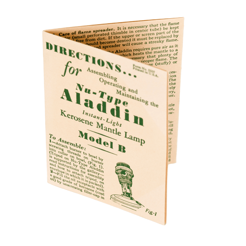 Pocket-sized vintage-style instruction booklet for assembling and maintaining Nu-Type Aladdin Model B kerosene mantle lamp, featured in Lamps & Lighting and Parts and Accessories collections.
