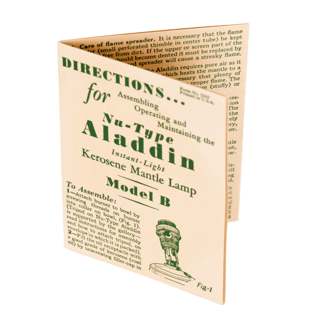 Pocket-sized vintage-style instruction booklet for assembling and maintaining Nu-Type Aladdin Model B kerosene mantle lamp, featured in Lamps & Lighting and Parts and Accessories collections.