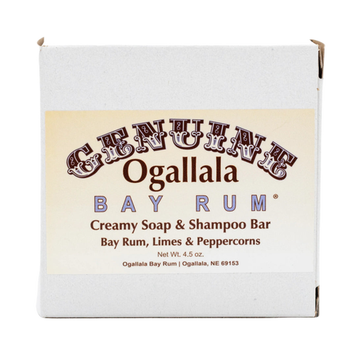 Handcrafted creamy Ogallala bay rum soap and shampoo bar made in USA, featuring a blend of bay rum, limes, and peppercorns, ideal for Health & Wellness and Grooming collections.