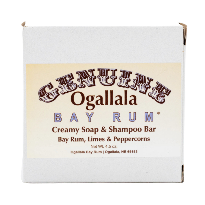 Handcrafted creamy Ogallala bay rum soap and shampoo bar made in USA, featuring a blend of bay rum, limes, and peppercorns, ideal for Health & Wellness and Grooming collections.