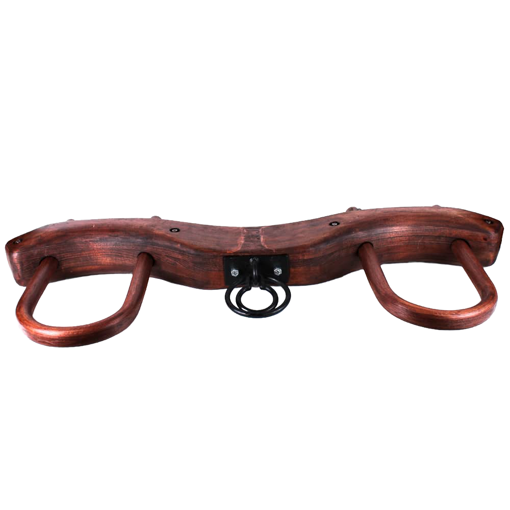 Handcrafted wooden double yoke featuring a smooth reddish finish and sturdy metal ring, designed for use with oxen in traditional farming, ideal for Farm, Garden & Tool collections.