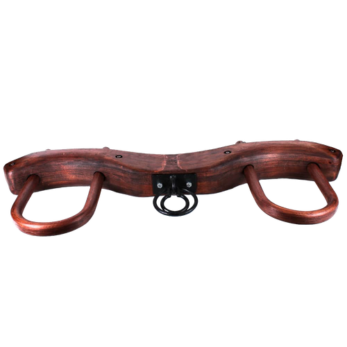 Handcrafted wooden double yoke featuring a smooth reddish finish and sturdy metal ring, designed for use with oxen in traditional farming, ideal for Farm, Garden & Tool collections.