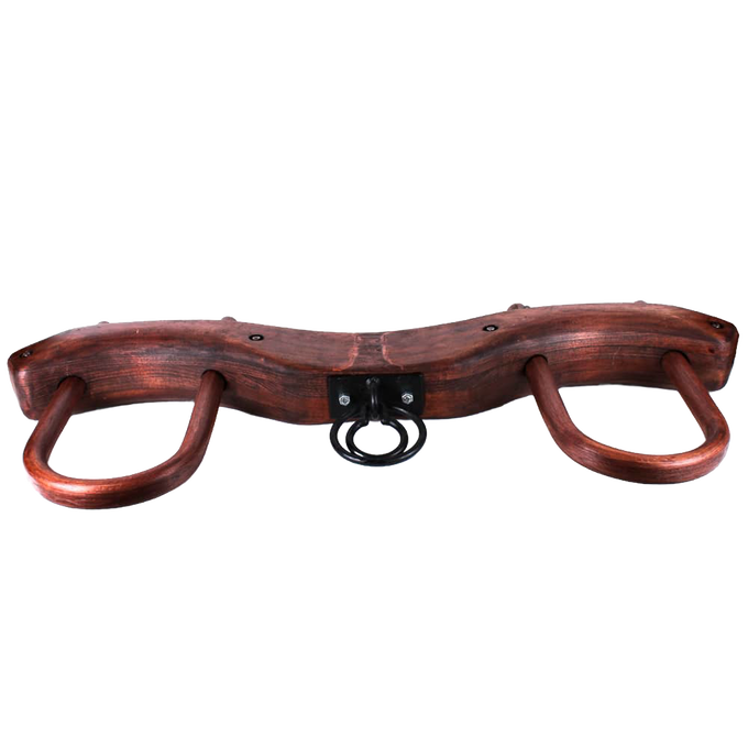 Handcrafted wooden double yoke featuring a smooth reddish finish and sturdy metal ring, designed for use with oxen in traditional farming, ideal for Farm, Garden & Tool collections.