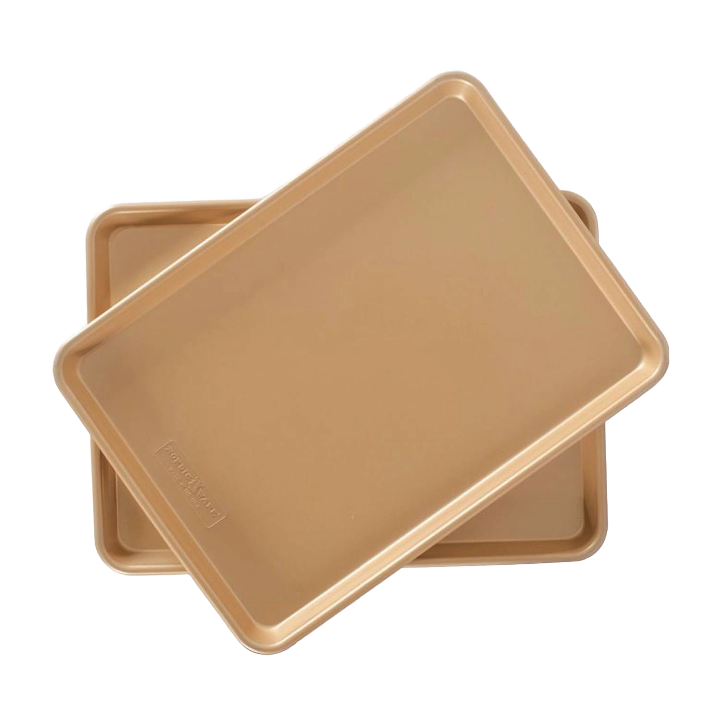 Two gold interior nonstick aluminum half-sheet baking pans stacked, designed for even heating and easy release, perfect for kitchen, cookware, baking supplies, and USA made collections.