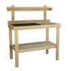 Handcrafted classic garden table made from unfinished cypress, featuring a raised back shelf and lower slatted storage, Amish made in the USA for outdoor gardening use.