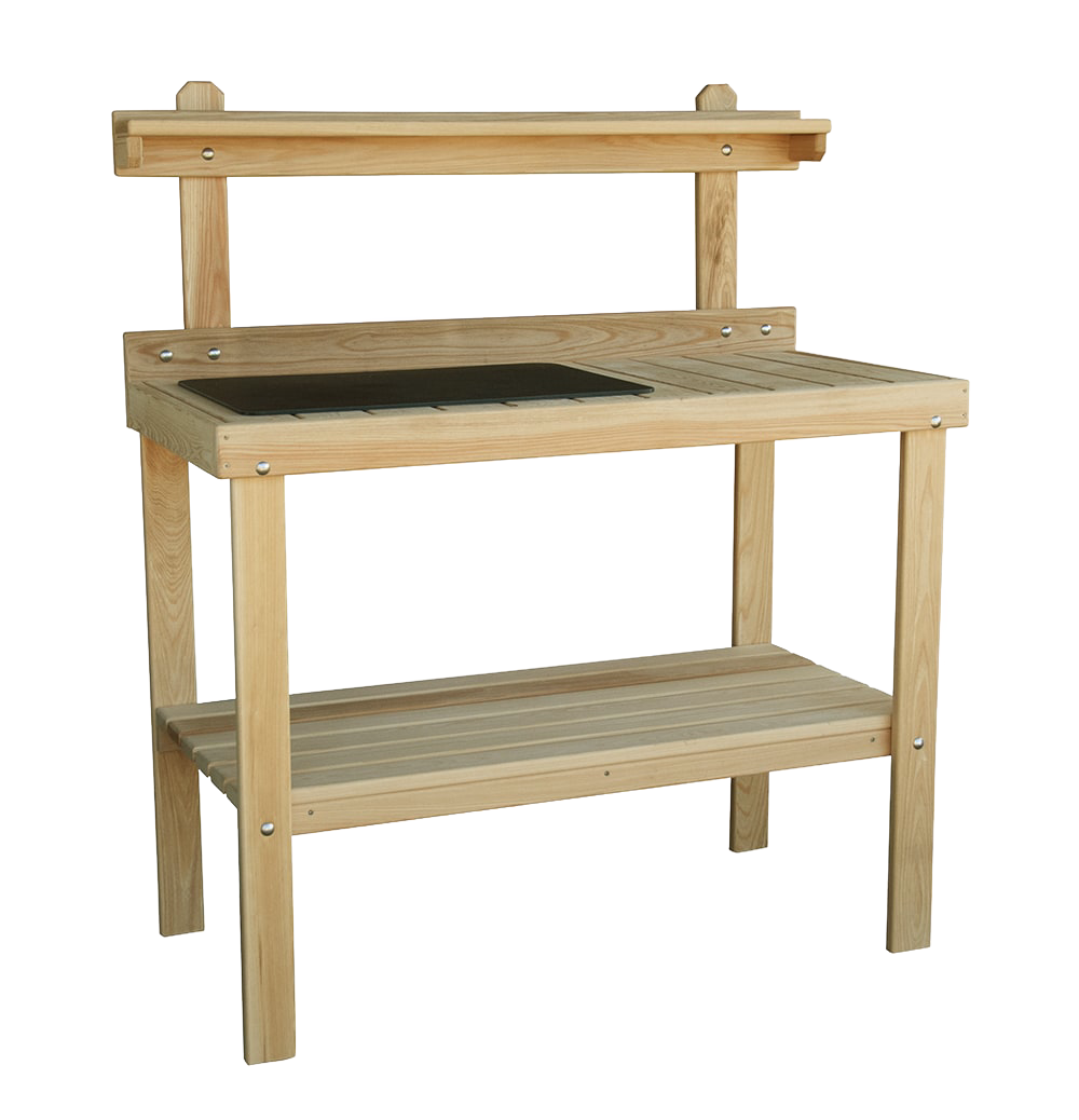 Handcrafted classic garden table made from unfinished cypress, featuring a raised back shelf and lower slatted storage, Amish made in the USA for outdoor gardening use.