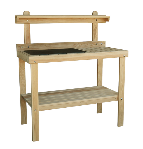 Handcrafted classic garden table made from unfinished cypress, featuring a raised back shelf and lower slatted storage, Amish made in the USA for outdoor gardening use.
