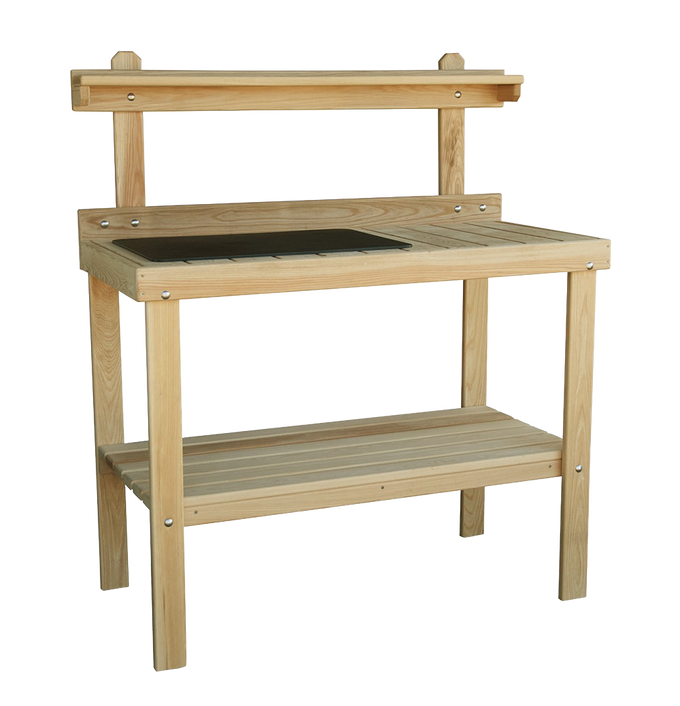Handcrafted classic garden table made from unfinished cypress, featuring a raised back shelf and lower slatted storage, Amish made in the USA for outdoor gardening use.