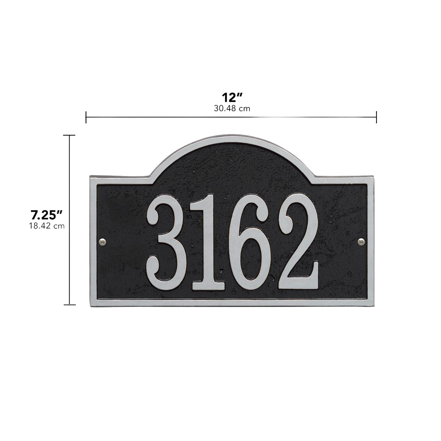 Elegant custom address plaque in black with silver arched rectangle design, handcrafted in the USA, perfect for Home & Decor and Mailboxes and Address Signs collections.