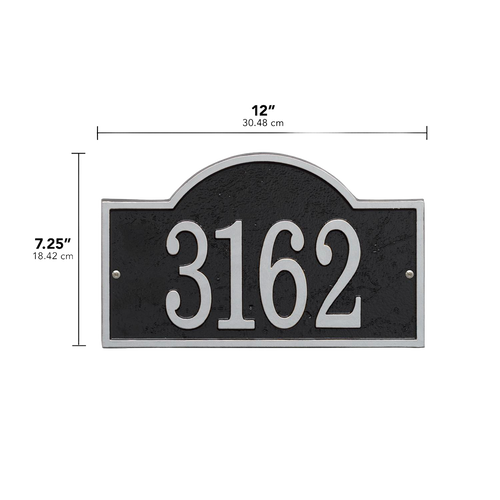 Elegant custom address plaque in black with silver arched rectangle design, handcrafted in the USA, perfect for Home & Decor and Mailboxes and Address Signs collections.