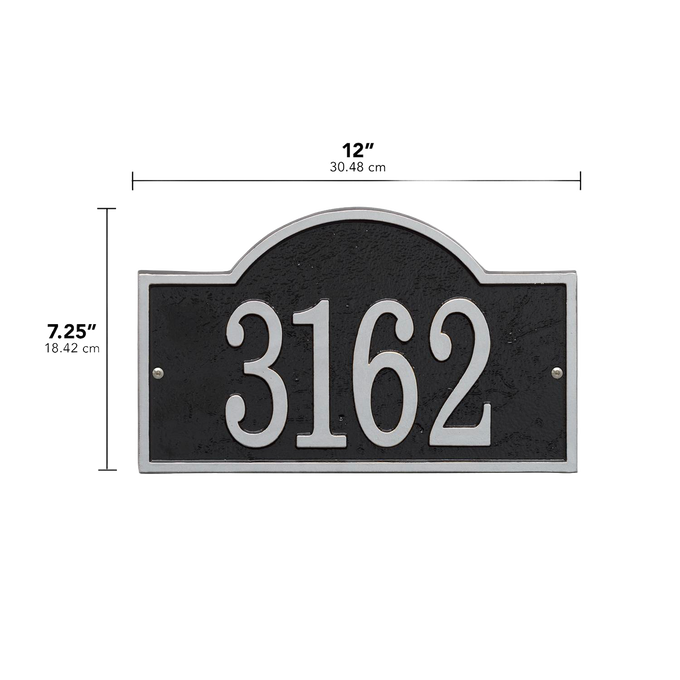 Elegant custom address plaque in black with silver arched rectangle design, handcrafted in the USA, perfect for Home & Decor and Mailboxes and Address Signs collections.