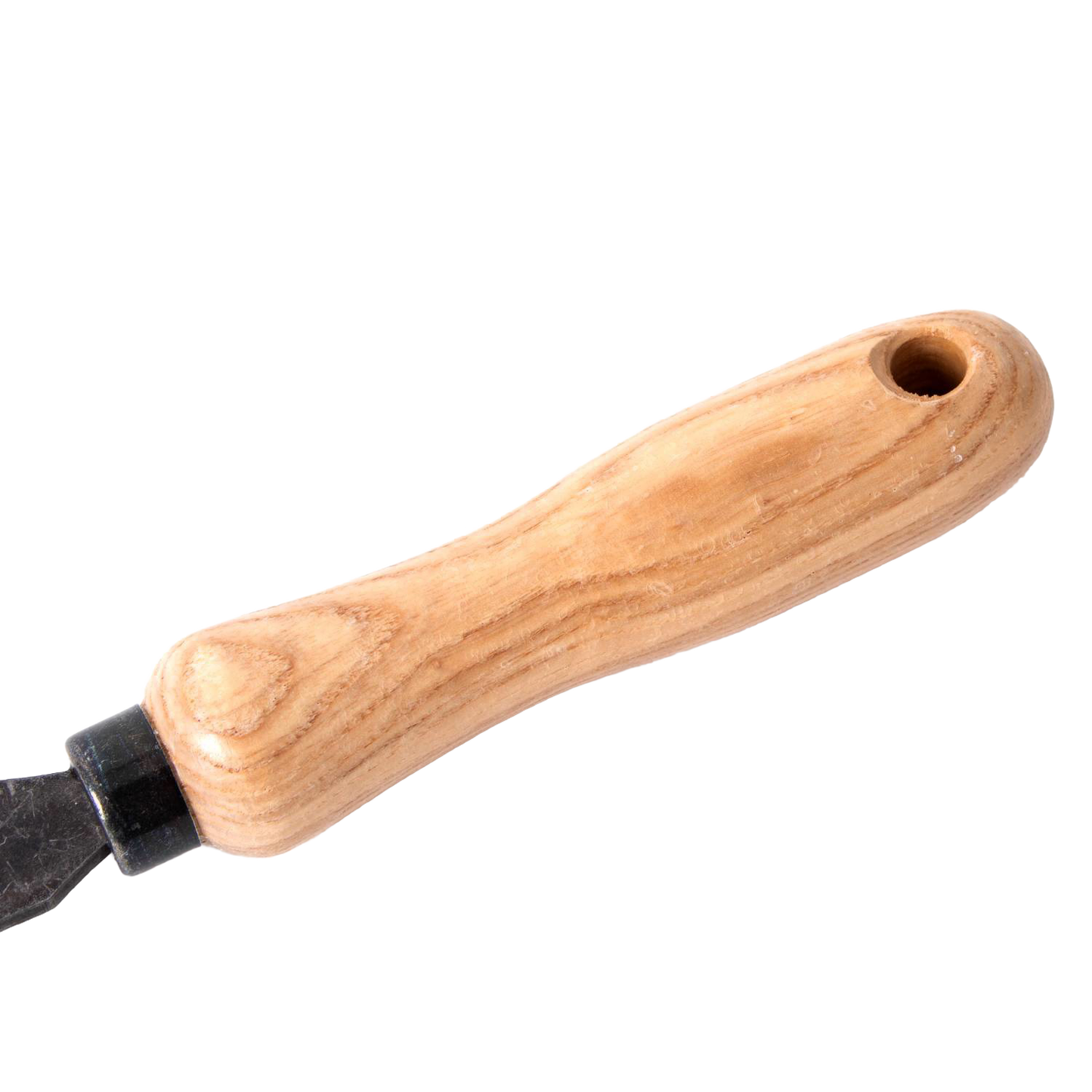 Smooth wooden handle with a hole for hanging, part of a handcrafted cultivator designed for durability and ease of use in Farm, Garden & Tool, Digging and Cultivating, Garden Accessories, Best Sellers, and Promo Eligible collections.