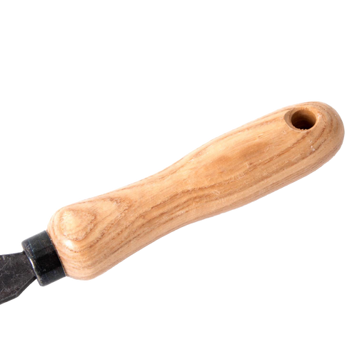 Smooth wooden handle with a hole for hanging, part of a handcrafted cultivator designed for durability and ease of use in Farm, Garden & Tool, Digging and Cultivating, Garden Accessories, Best Sellers, and Promo Eligible collections.