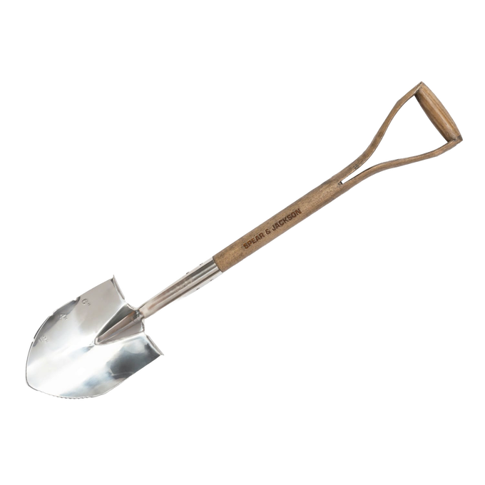 Traditional planting spade with stainless steel pointed blade and wooden handle featuring a sturdy double-riveted socket, ideal for garden beds in Farm, Garden & Tool and Seeds and Planting collections.