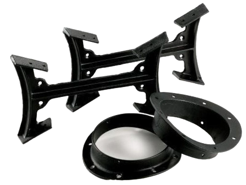 Set of cast iron components including a stand and pipe fittings for enhancing stove efficiency by adding a second barrel, featured in Stoves, Hearth Accessories, and Best Sellers collections.