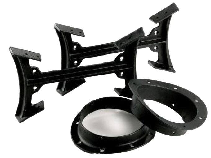 Set of cast iron components including a stand and pipe fittings for enhancing stove efficiency by adding a second barrel, featured in Stoves, Hearth Accessories, and Best Sellers collections.