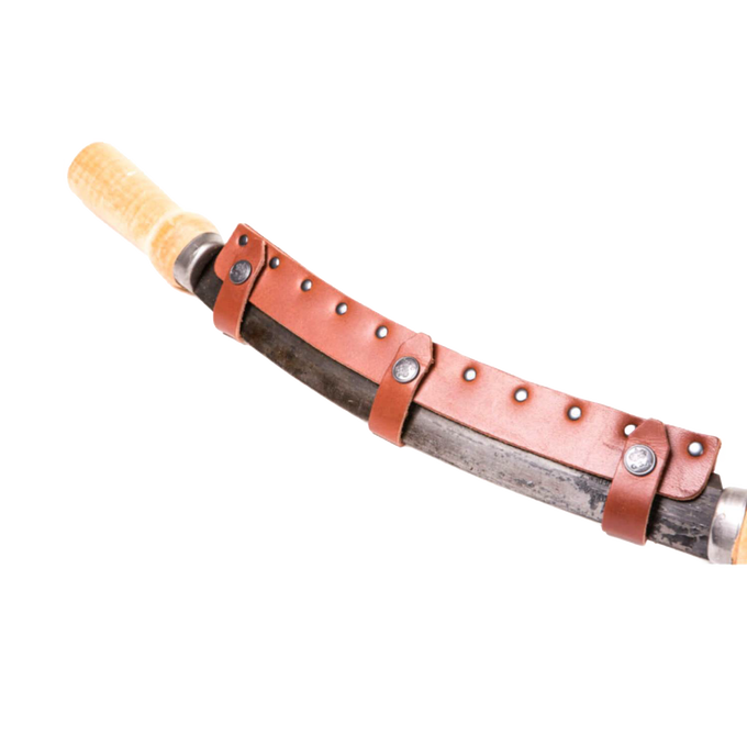Handcrafted curved draw knife with a high-quality vegetable-tanned leather sheath and wooden handle, ideal for Farm, Garden & Tool and Wood Cutting and Hauling collections.