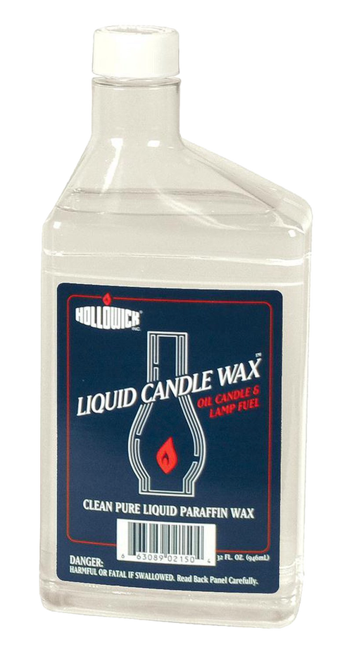 Clear plastic bottle of liquid candle wax fuel with a dark blue label and red flame icon, featured in Lamps & Lighting, Parts and Accessories, Lamp and Lantern Fuel, Best Sellers, and Promo Eligible collections.