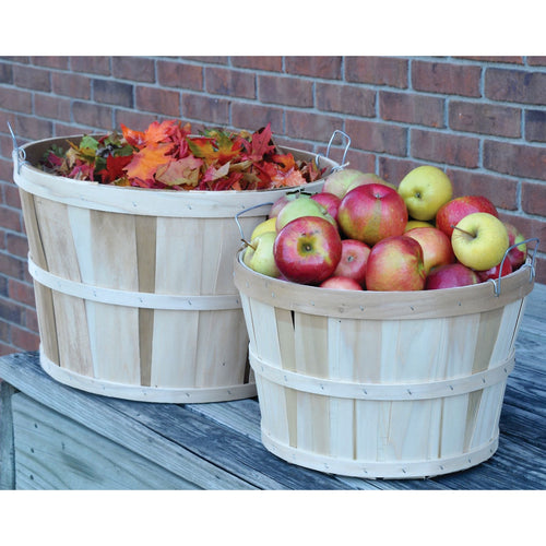 Set of handcrafted untreated poplar wood baskets in half and full sizes with metal handles, holding colorful autumn leaves and fresh apples, featured in Farm, Garden & Tool and USA Made collections.