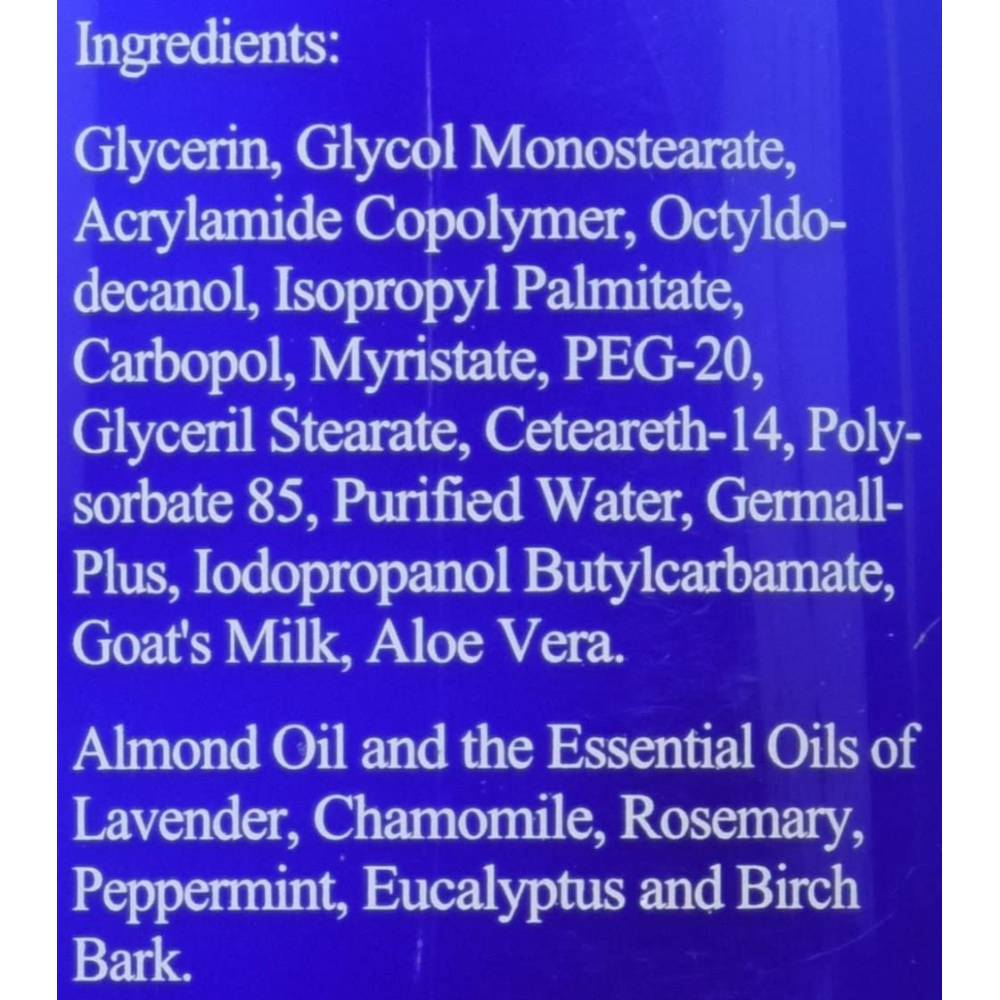 Close-up of the ingredients list on a bottle of Two Old Goats Essential Oil Lotion, highlighting natural components like goat's milk, aloe vera, almond oil, and therapeutic essential oils, featured in Health & Wellness and USA Made collections.
