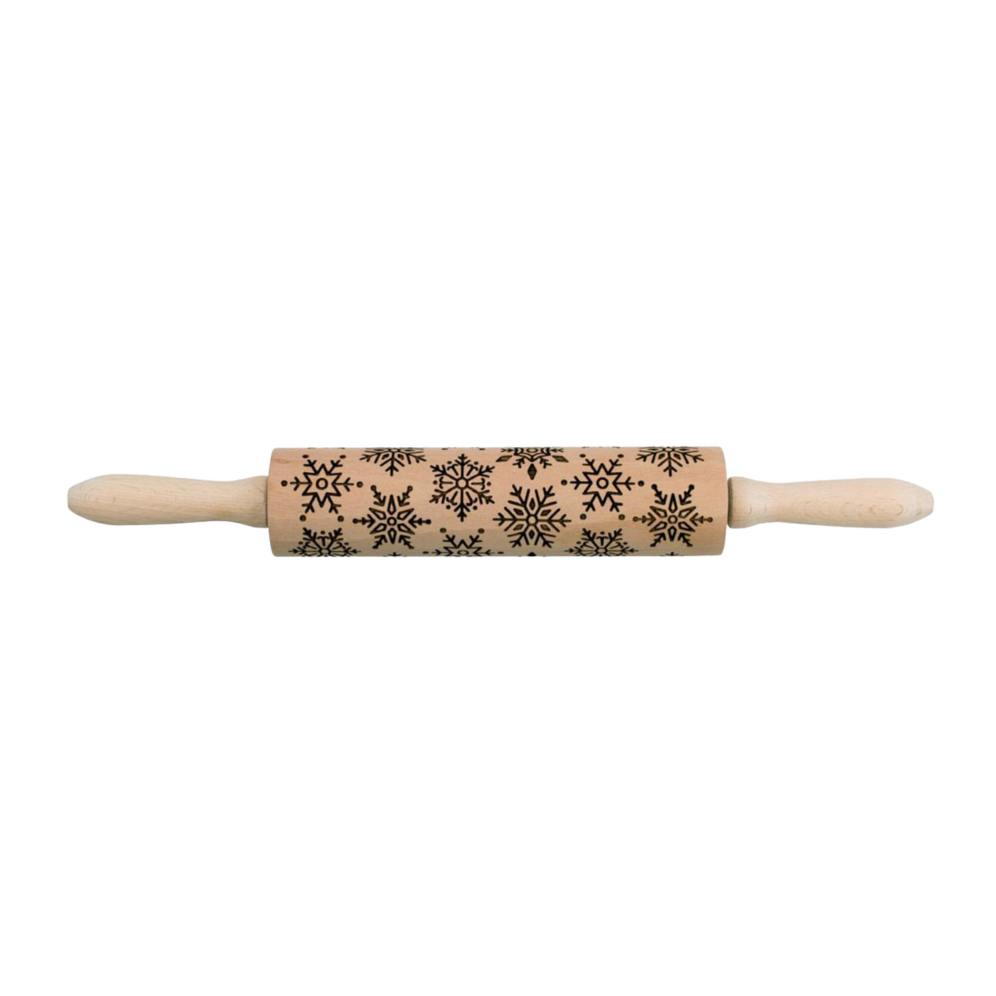 Wooden rolling pin with laser-etched snowflake patterns and smooth handles, designed for easy embossing, ideal for Kitchen & Food, Cookware, Baking Supplies, and Best Sellers collections.