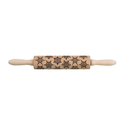 Wooden rolling pin with laser-etched snowflake patterns and smooth handles, designed for easy embossing, ideal for Kitchen & Food, Cookware, Baking Supplies, and Best Sellers collections.