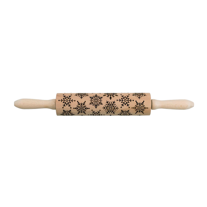 Wooden rolling pin with laser-etched snowflake patterns and smooth handles, designed for easy embossing, ideal for Kitchen & Food, Cookware, Baking Supplies, and Best Sellers collections.