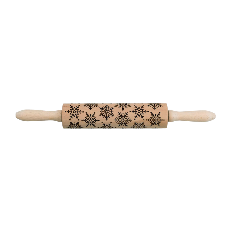 Wooden rolling pin with laser-etched snowflake patterns and smooth handles, designed for easy embossing, ideal for Kitchen & Food, Cookware, Baking Supplies, and Best Sellers collections.