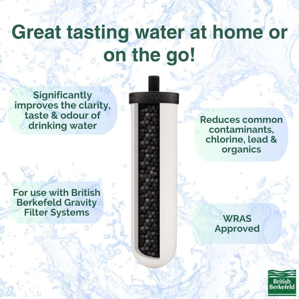 Vertical water filter cartridge with black granular activated carbon inside a white outer casing, designed for use in gravity water filter systems, featured in Farm, Garden & Tool and Appliances collections.