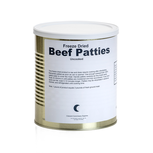 Cylindrical metal can of freeze-dried beef patties with a white lid and label, suitable for long-term emergency food storage in Kitchen & Food, Emergency Supplies, Freeze Dried, USA Made collections.