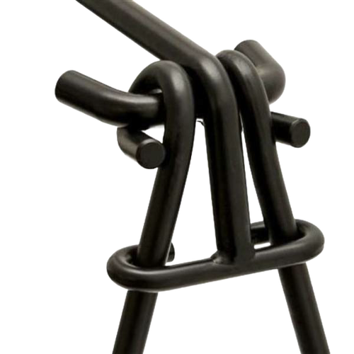 Close-up of a sturdy black-coated metal fire bridge support with a stable eyelet design, ideal for outdoor cooking in camping, grilling, and farm tool collections.