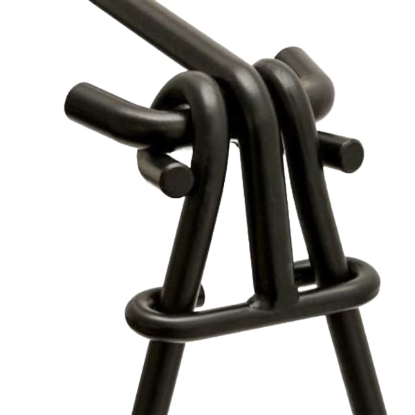 Close-up of a sturdy black-coated metal fire bridge support with a stable eyelet design, ideal for outdoor cooking in camping, grilling, and farm tool collections.