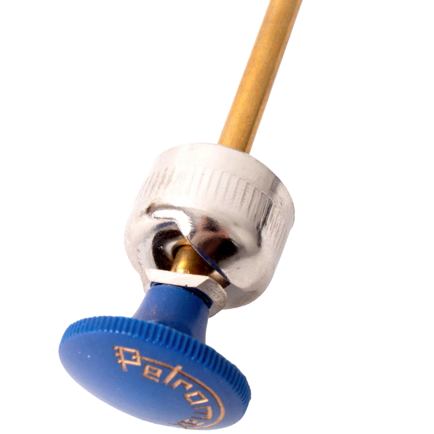 Replacement pump featuring a brass shaft and chrome cover with a blue knob engraved with a logo, ideal for lamps and lighting parts in popular collections.